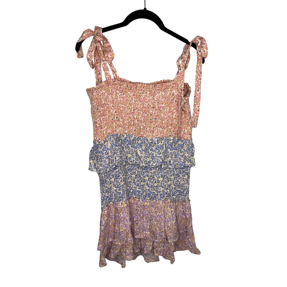 Habit Tiered Sleeveless Dress Large Tie Straps Feminine Smocked Ruffle Floral